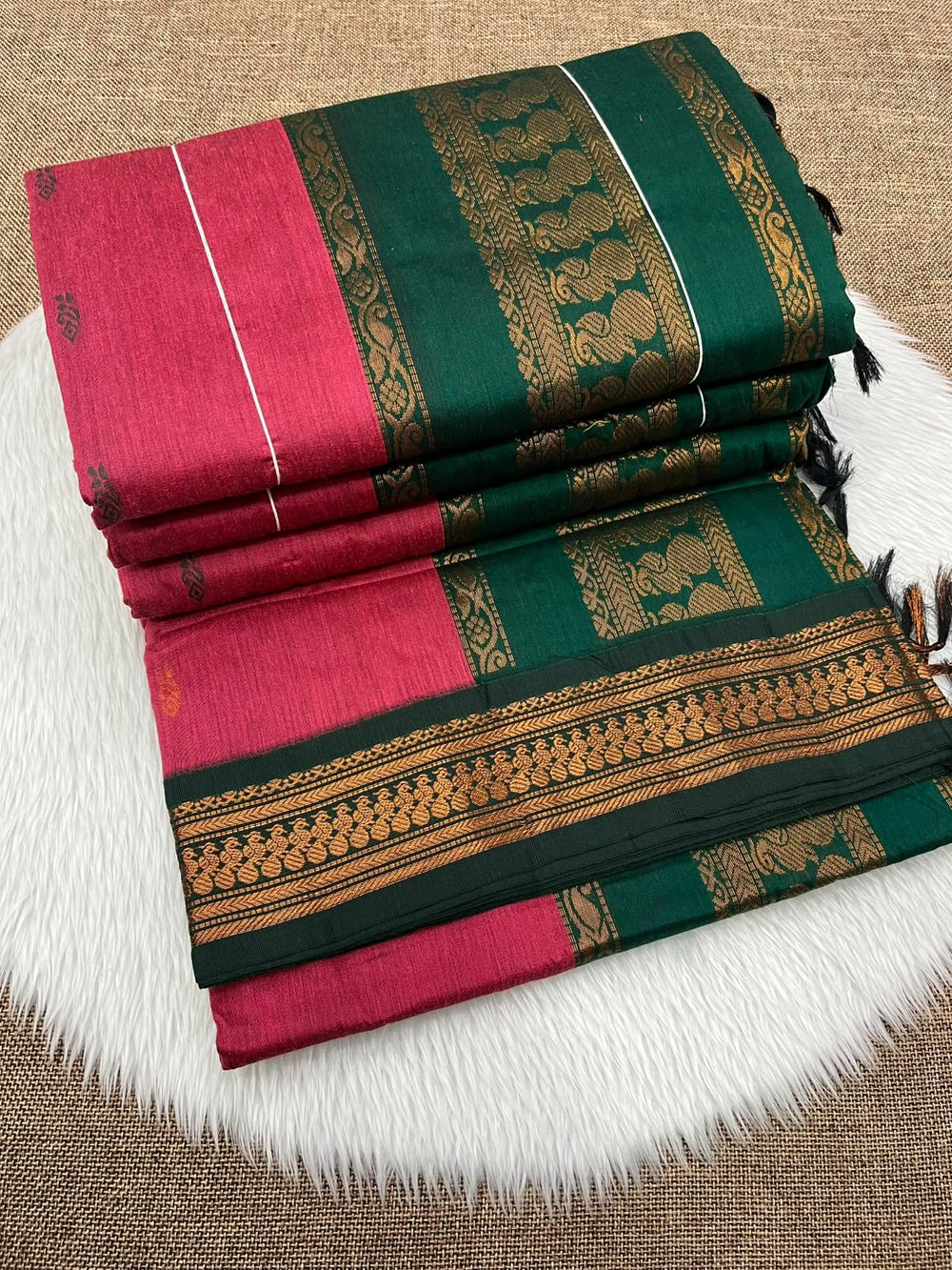 Rose pink Kalyani cotton Gadwal saree with green contrast border