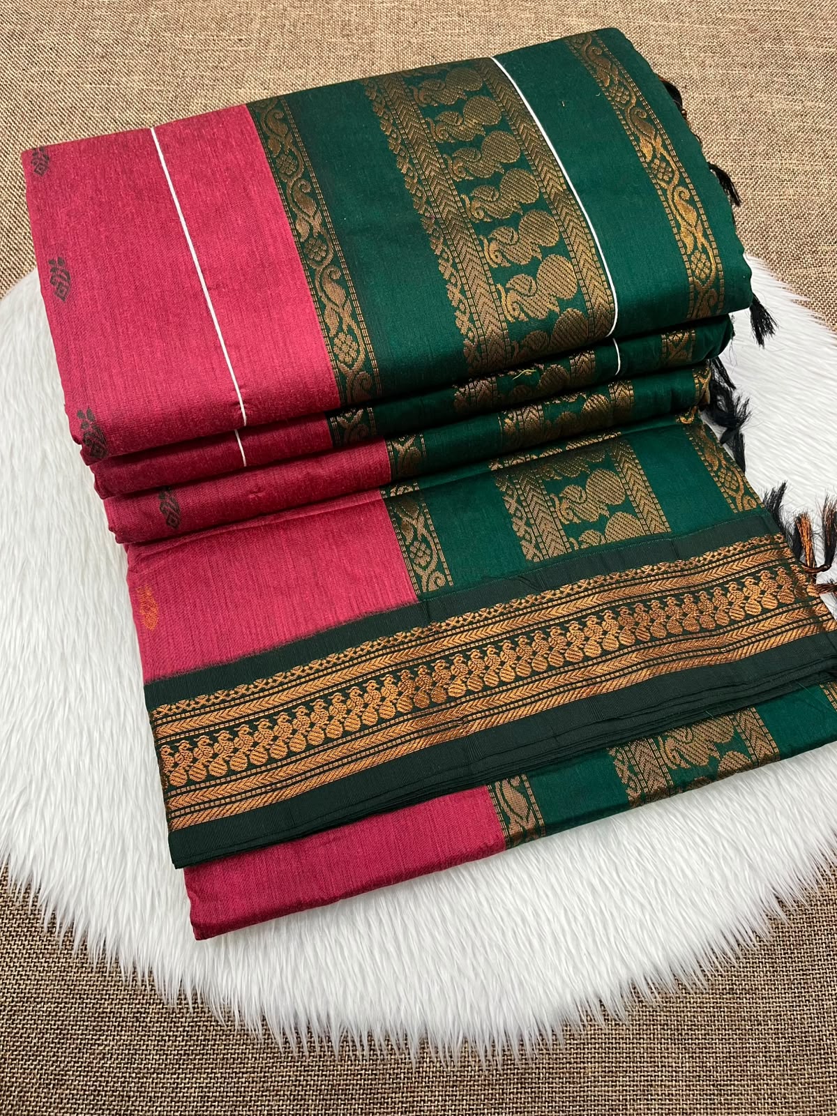 Rose pink Kalyani cotton Gadwal saree with green contrast border