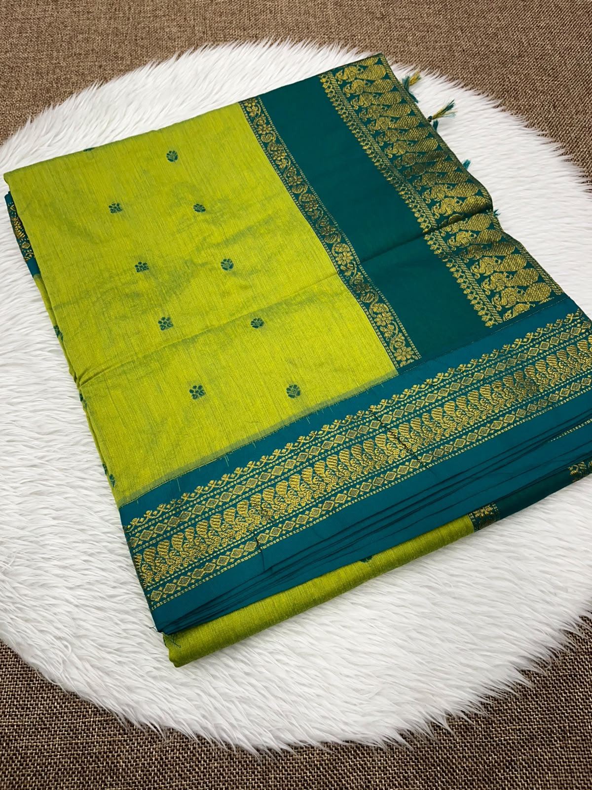 Lime green Kalyani cotton Gadwal saree with teal contrast border