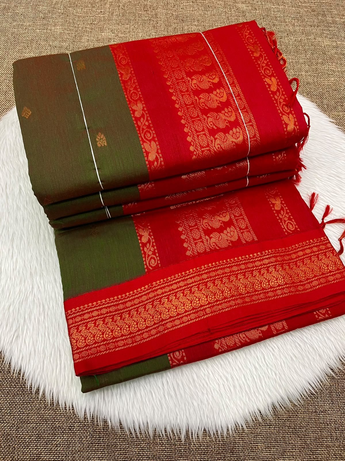Olive brown Kalyani cotton Gadwal saree with red contrast border
