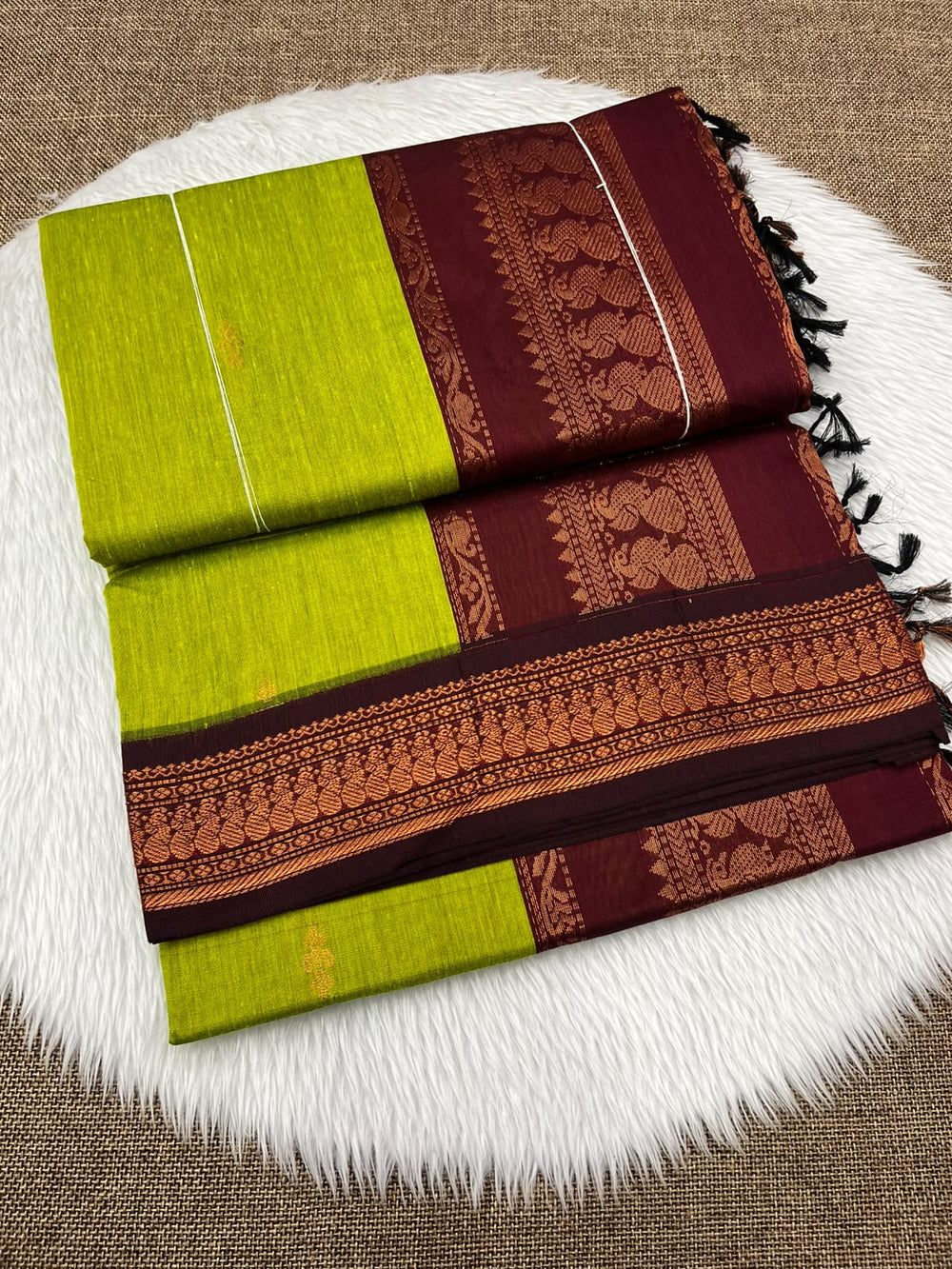Lime green Kalyani cotton Gadwal saree with maroon contrast border