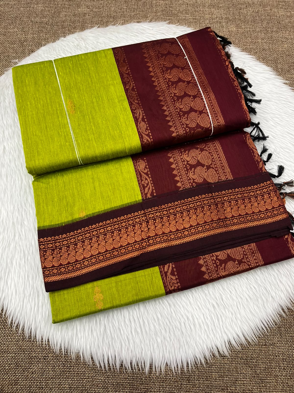 Lime green Kalyani cotton Gadwal saree with maroon contrast border