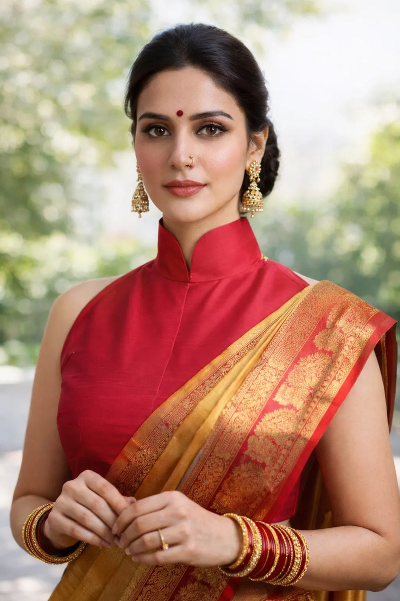 Model in a red high-neck sleeveless blouse with a gold zari saree, jhumkas and glass bangles