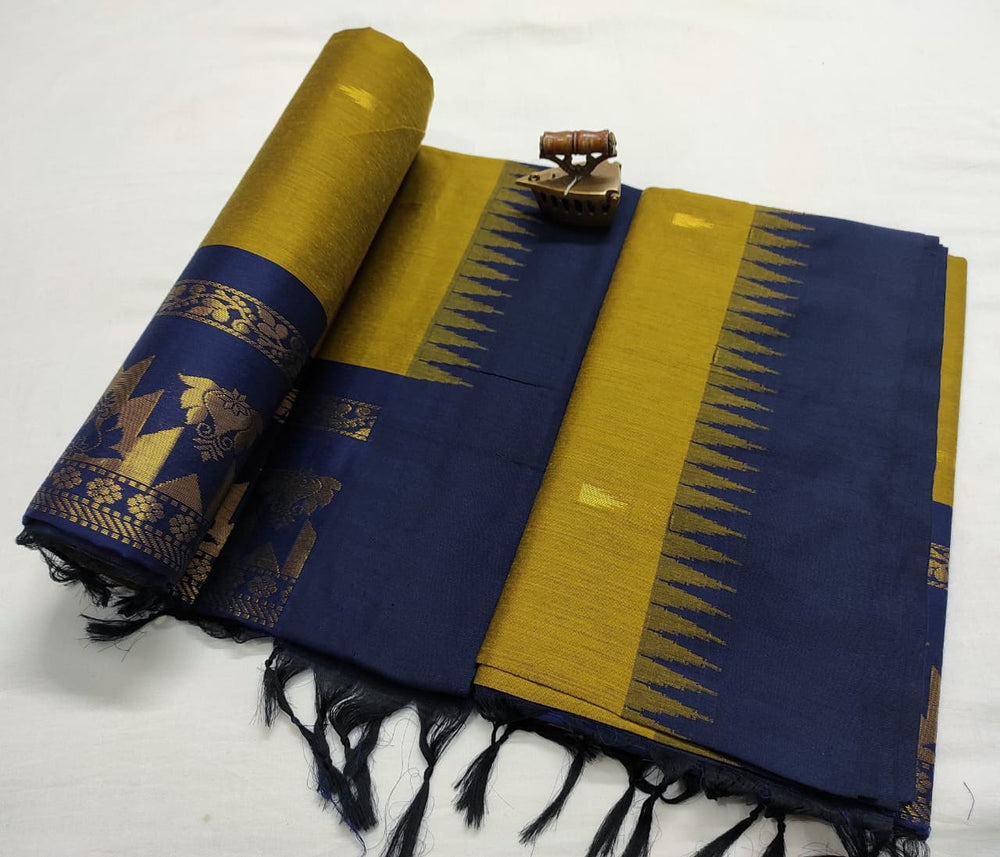 Olive gold saree with navy blue temple border, zari motifs showing on the rolled pallu
