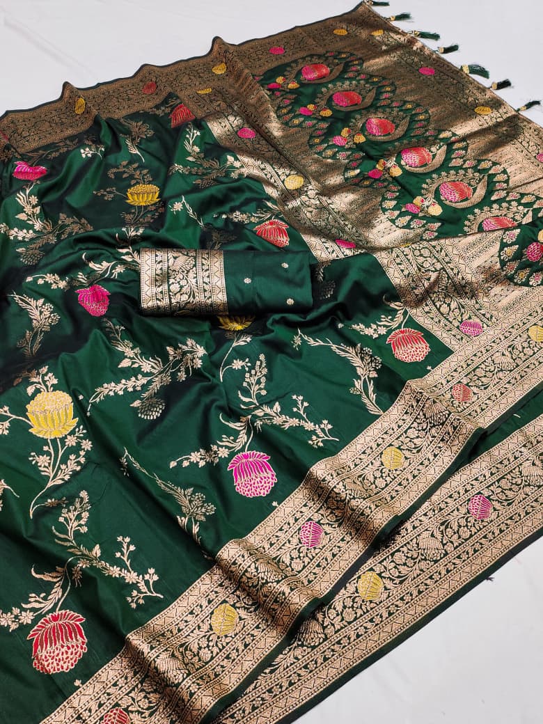 Bottle green lotus border soft silk saree with black border and meenakari floral jaal