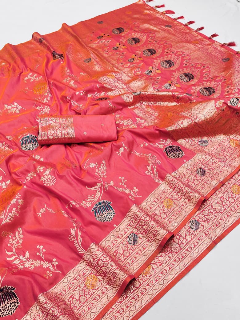 Coral rose lotus border soft silk saree with meenakari floral jaal