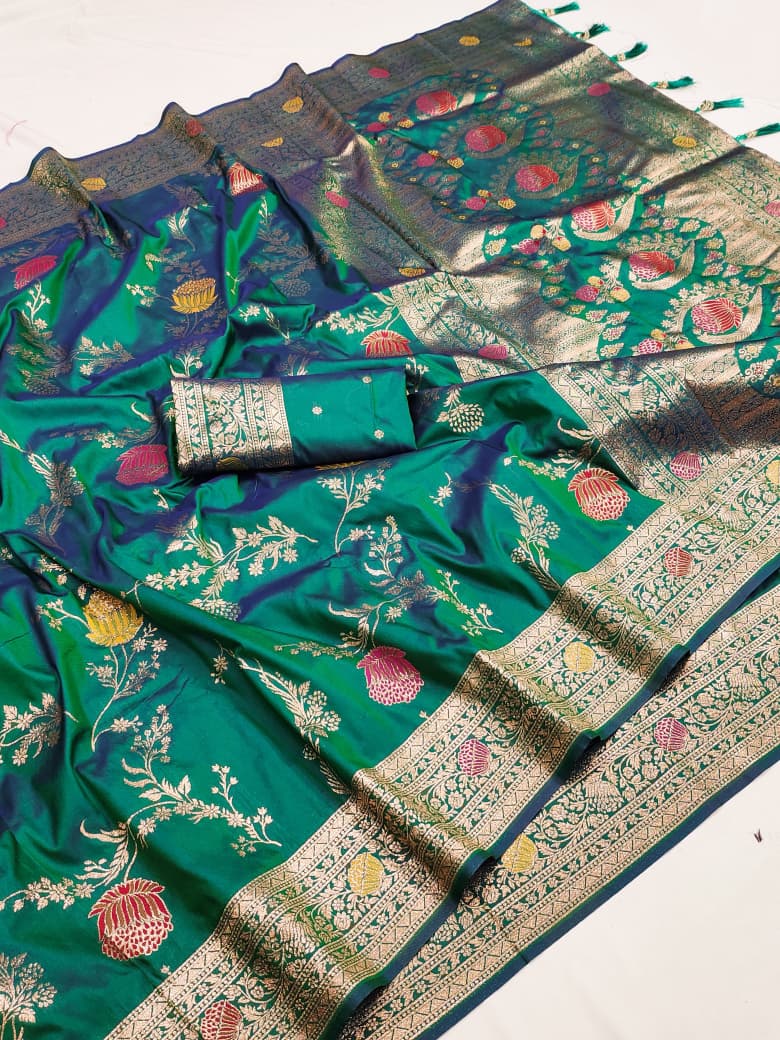 Emerald green lotus border soft silk saree with navy border and meenakari floral jaal