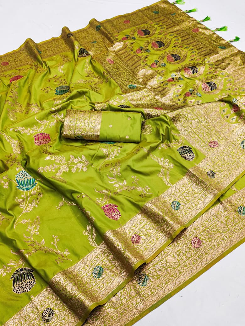 Lime green lotus border soft silk saree with meenakari floral jaal