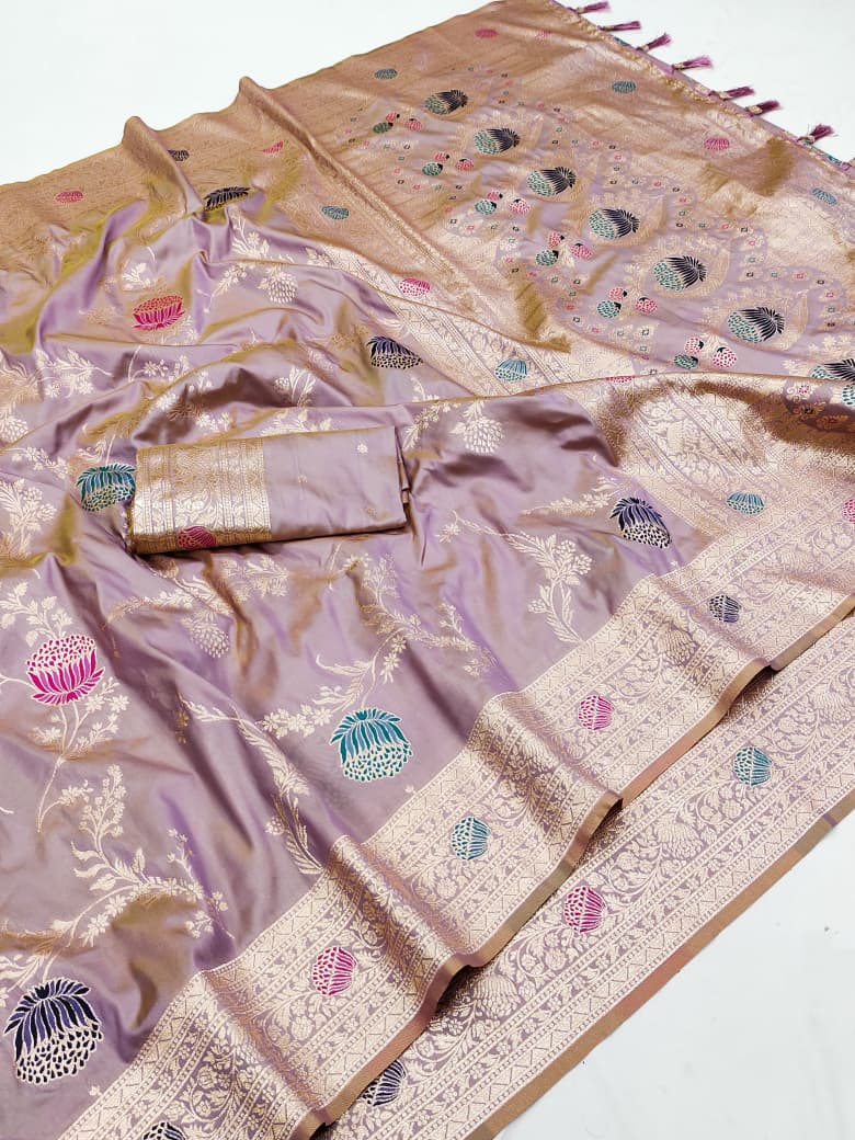 Lilac mauve lotus border soft silk saree with copper zari meenakari floral jaal