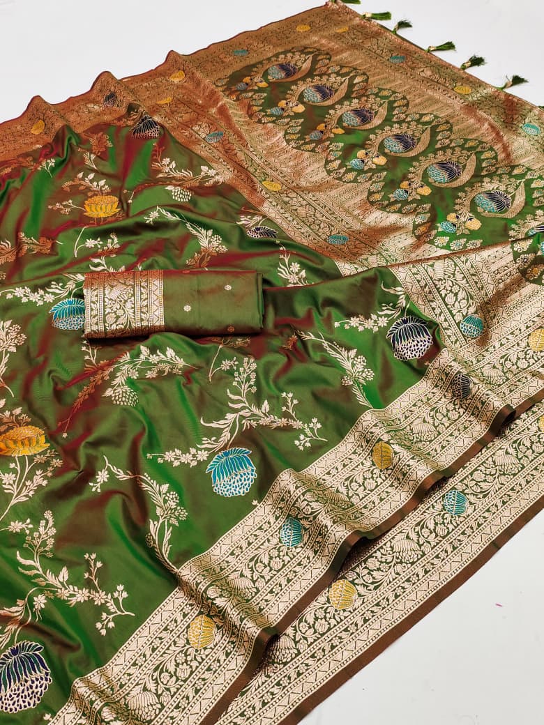 Olive green lotus border soft silk saree with maroon border and meenakari floral jaal
