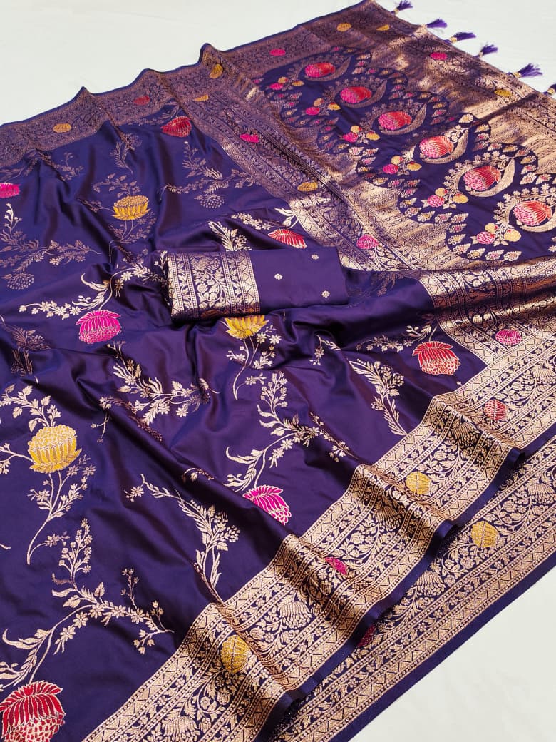 Deep indigo purple lotus border soft silk saree with meenakari floral jaal