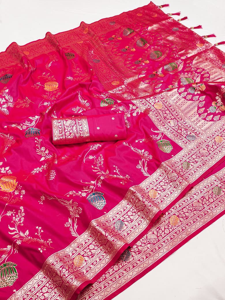 Rani pink lotus border soft silk saree with meenakari floral jaal