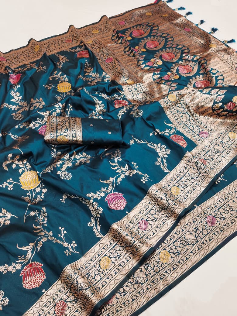 Peacock teal lotus border soft silk saree with meenakari floral jaal
