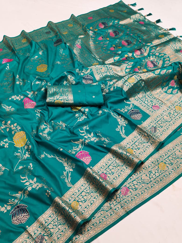 Turquoise blue lotus border soft silk saree with meenakari floral jaal