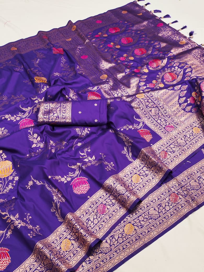 Violet purple lotus border soft silk saree with meenakari floral jaal