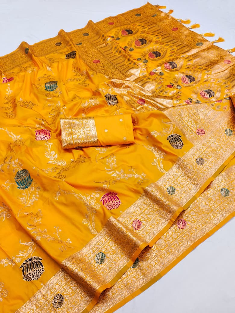 Marigold yellow lotus border soft silk saree with meenakari floral jaal