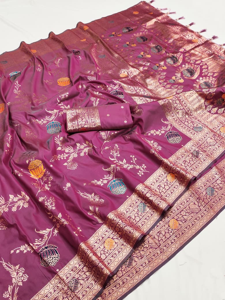 Wine mauve lotus border soft silk saree with copper zari meenakari floral jaal