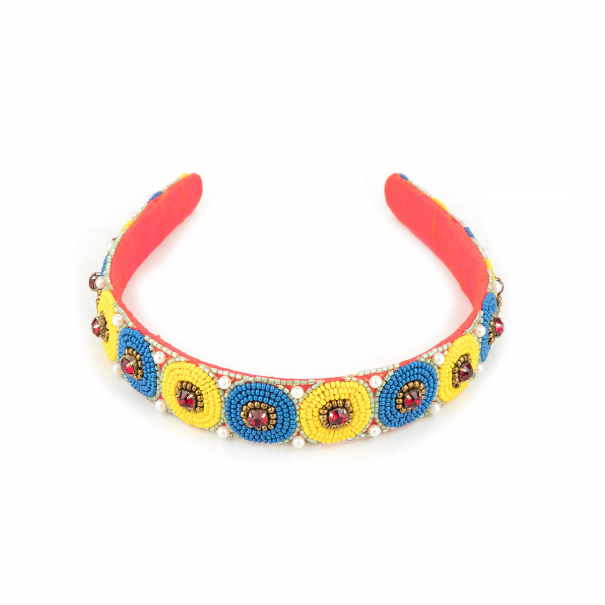 Front view of the polka bead headband, red band with pearl-edged discs