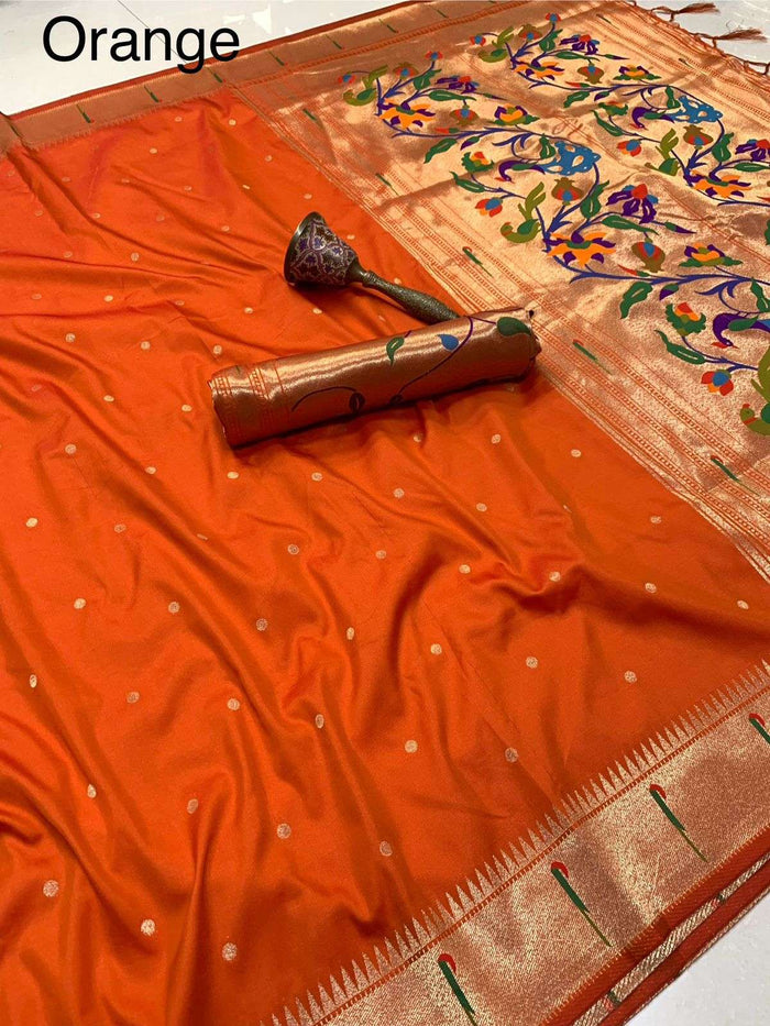 Orange Muniya Paithani saree with zari bootis, shade name labelled in the top corner