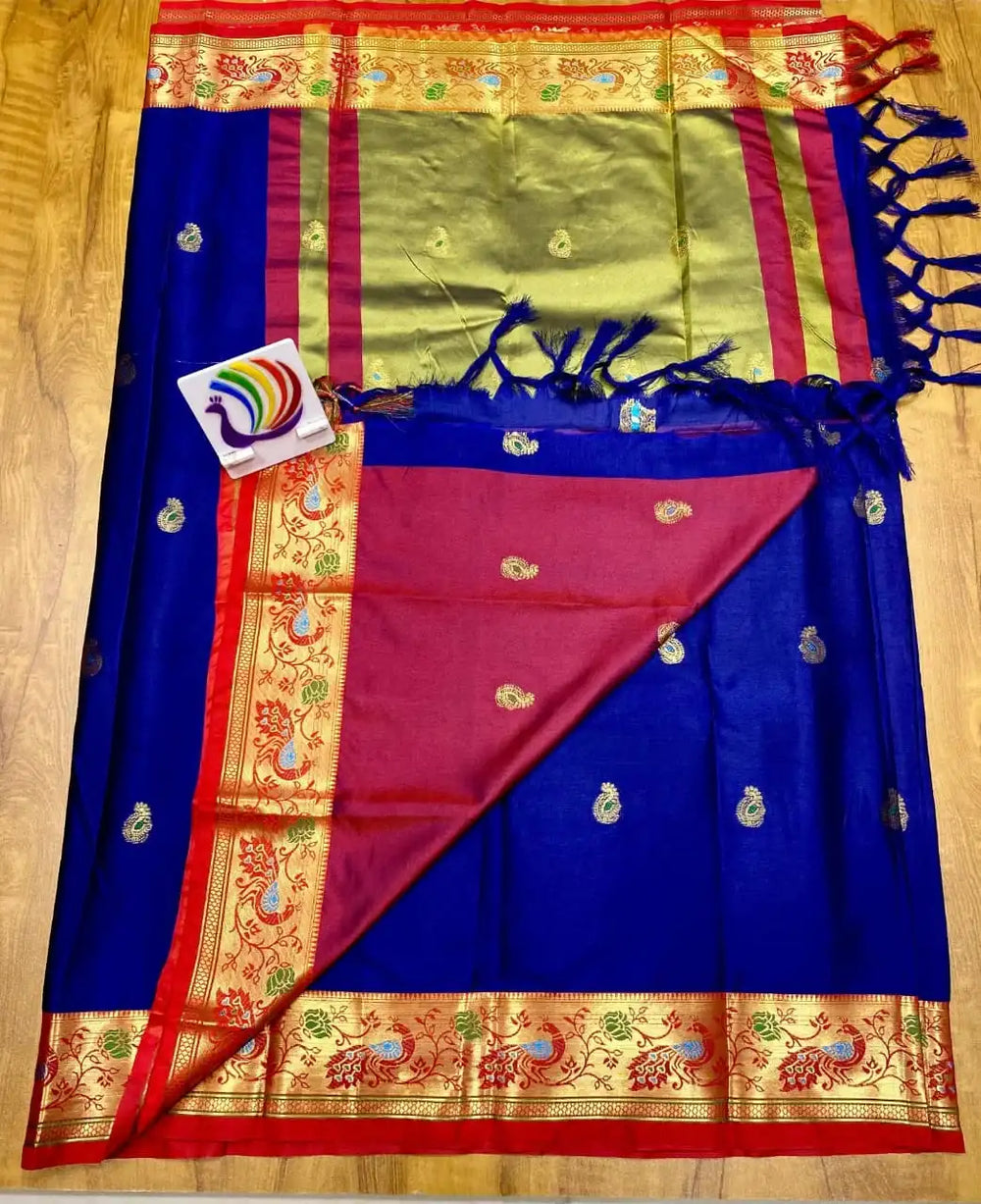 Royal blue Paithani saree spread flat, gold pallu with tassels and red peacock border