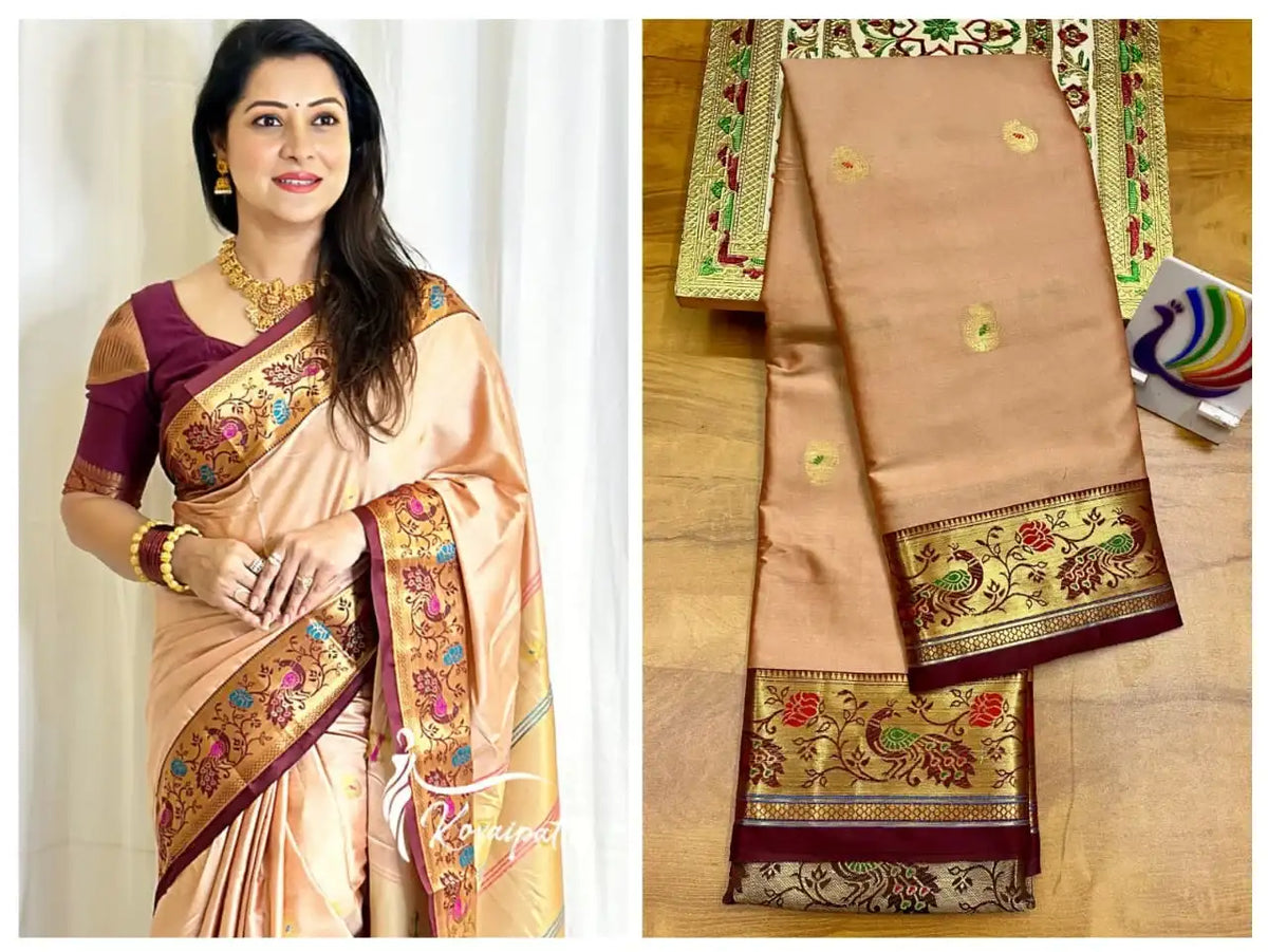 Peach Paithani saree worn by a model beside the same saree folded flat with maroon border