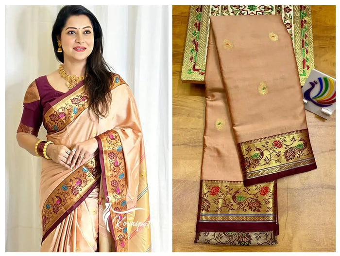 Peach Paithani saree worn by a model beside the same saree folded flat with maroon border