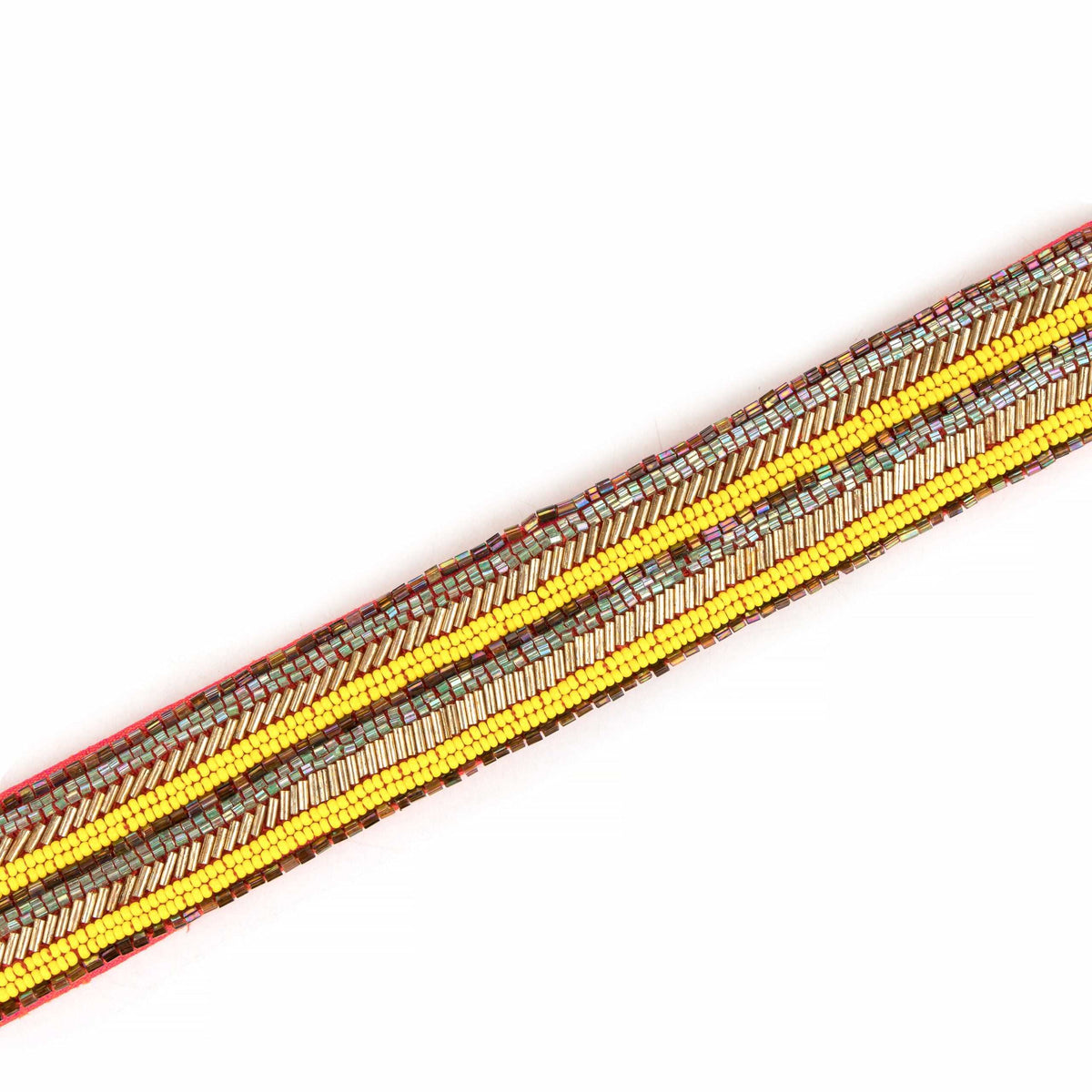 Close-up of the belt's beadwork rows in yellow, silver and bronze running side by side