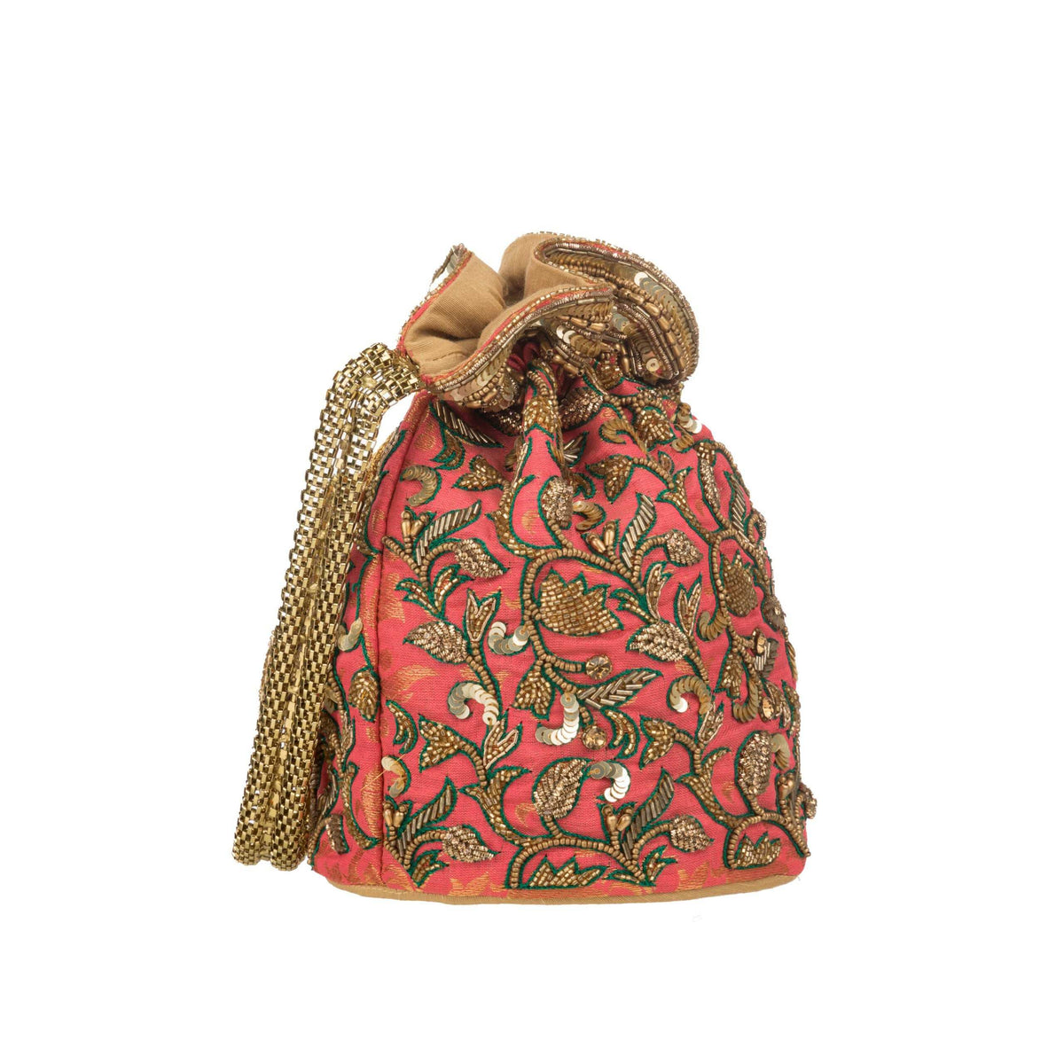 Side view of the zari embroidered potli with its mouth open and gold chain handle to one side