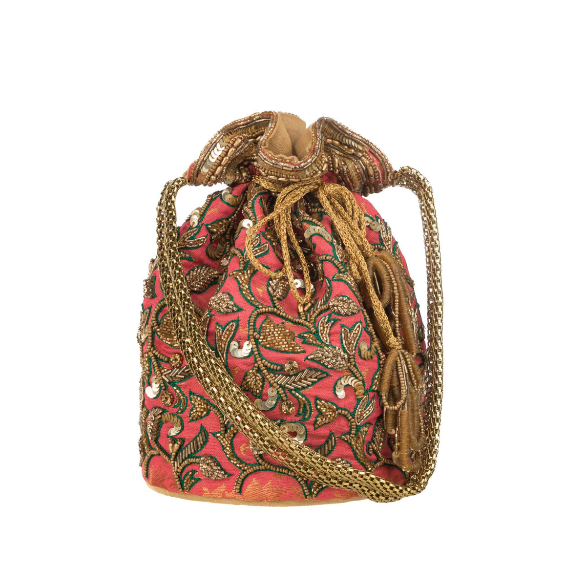 Front view of the coral potli, chain strap draped and beaded tassels hanging from the drawstring