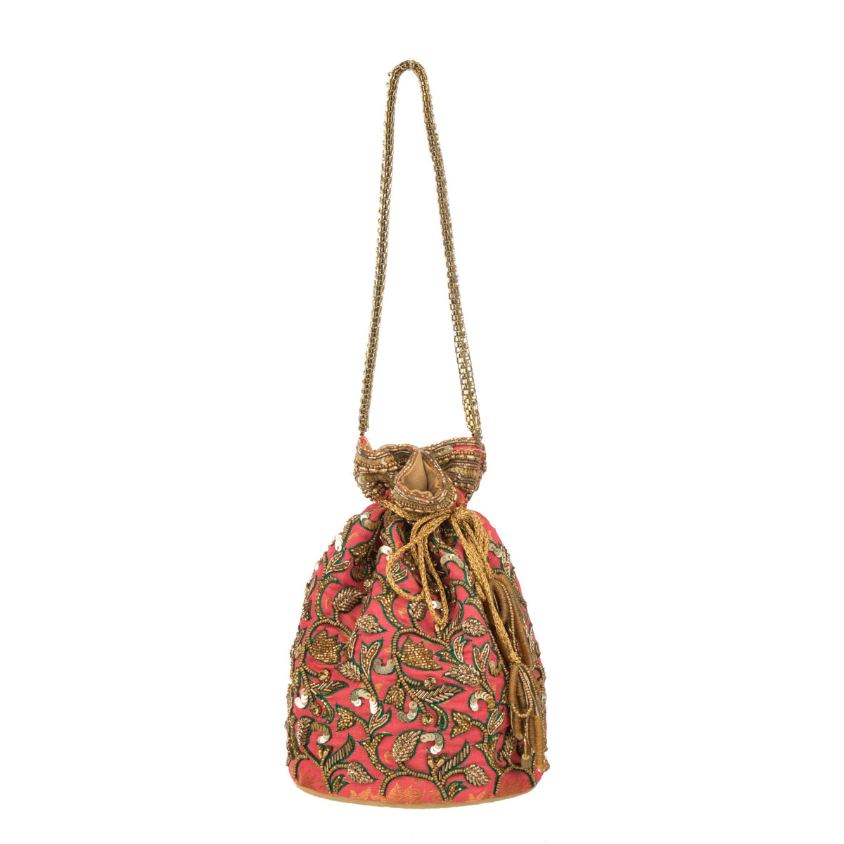 Potli bag hanging by its full-length gold chain handle against a plain background