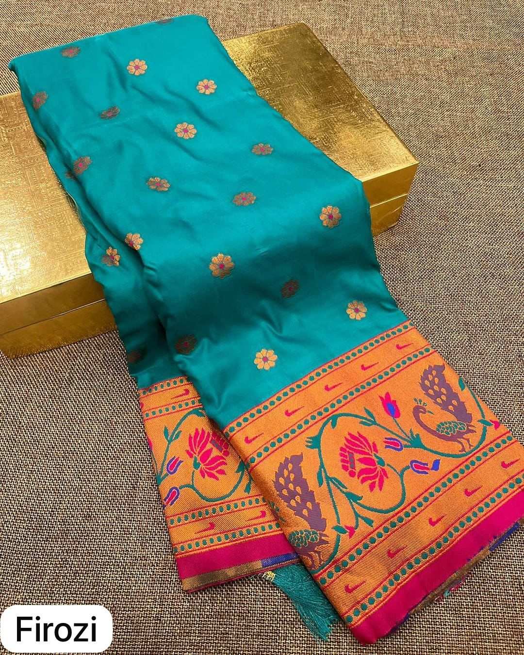 Firozi turquoise colour option, peacock and lotus border with pink edge and tassel