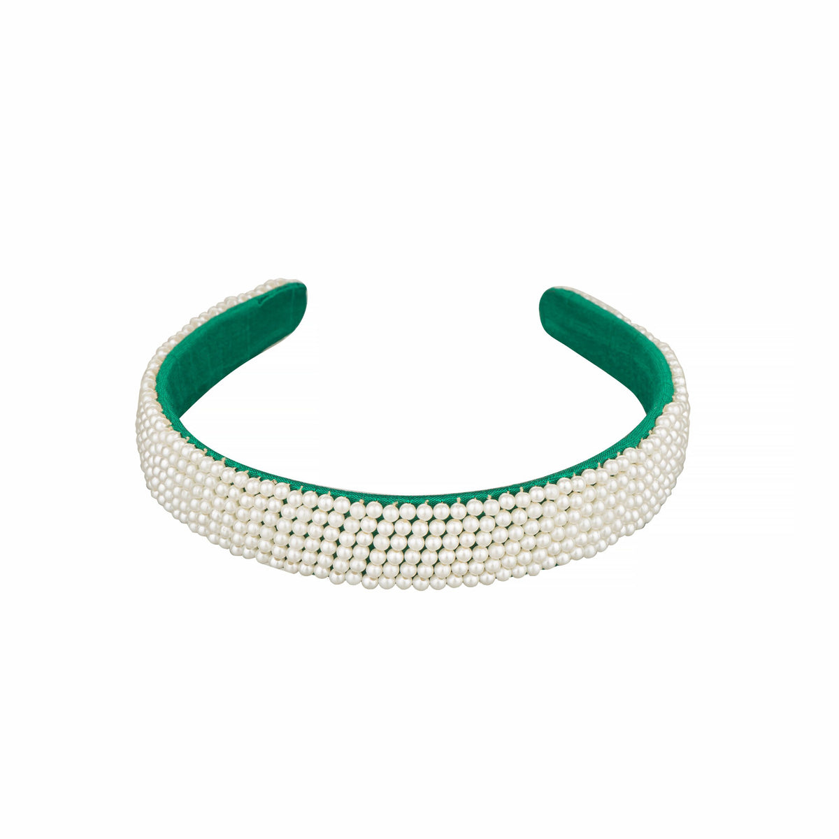 Rows of ivory pearls across the front of a green fabric headband, straight-on view