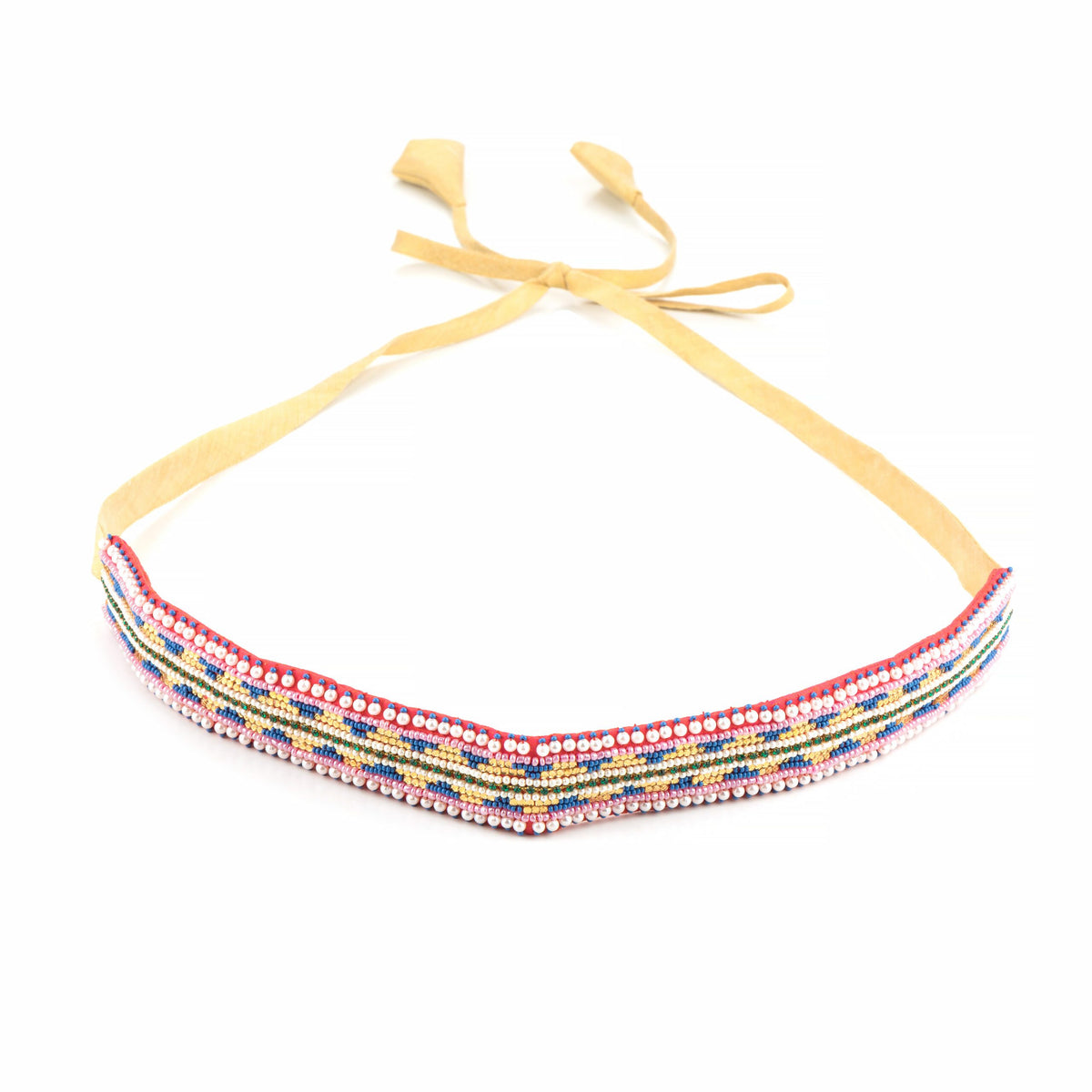 Narrow pearl and bead saree belt curved on white, cream ribbon ties knotted above