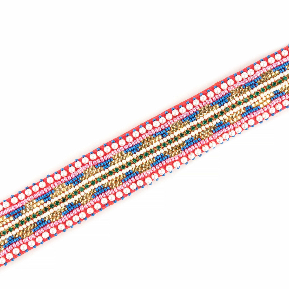 Close-up of the belt's rows of white pearls with gold, blue and green beads on red