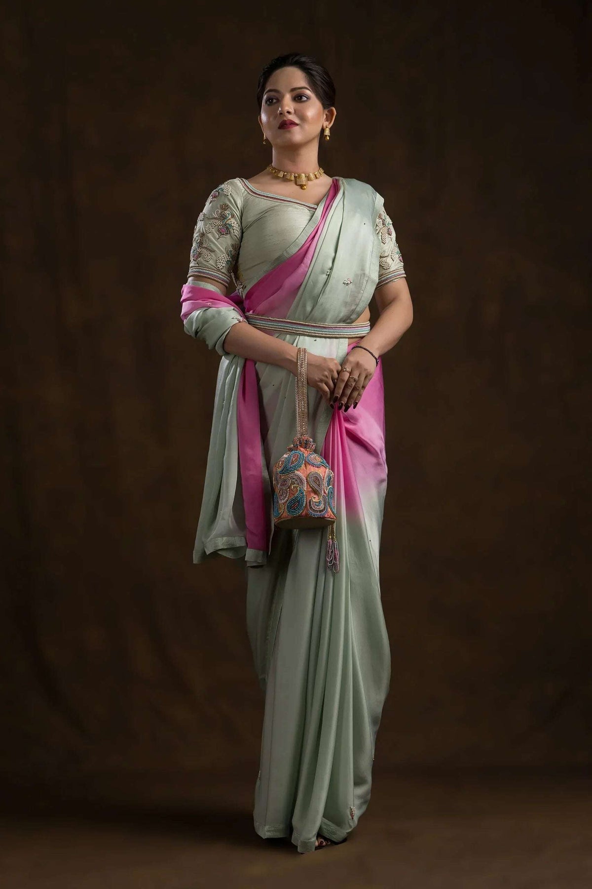 Full-length front view, pistachio blouse with pink to mint ombre saree drape