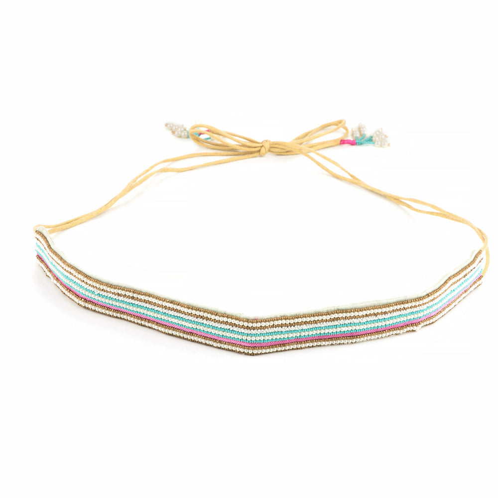 Full length of the saree belt on white, narrow bands of gold and teal