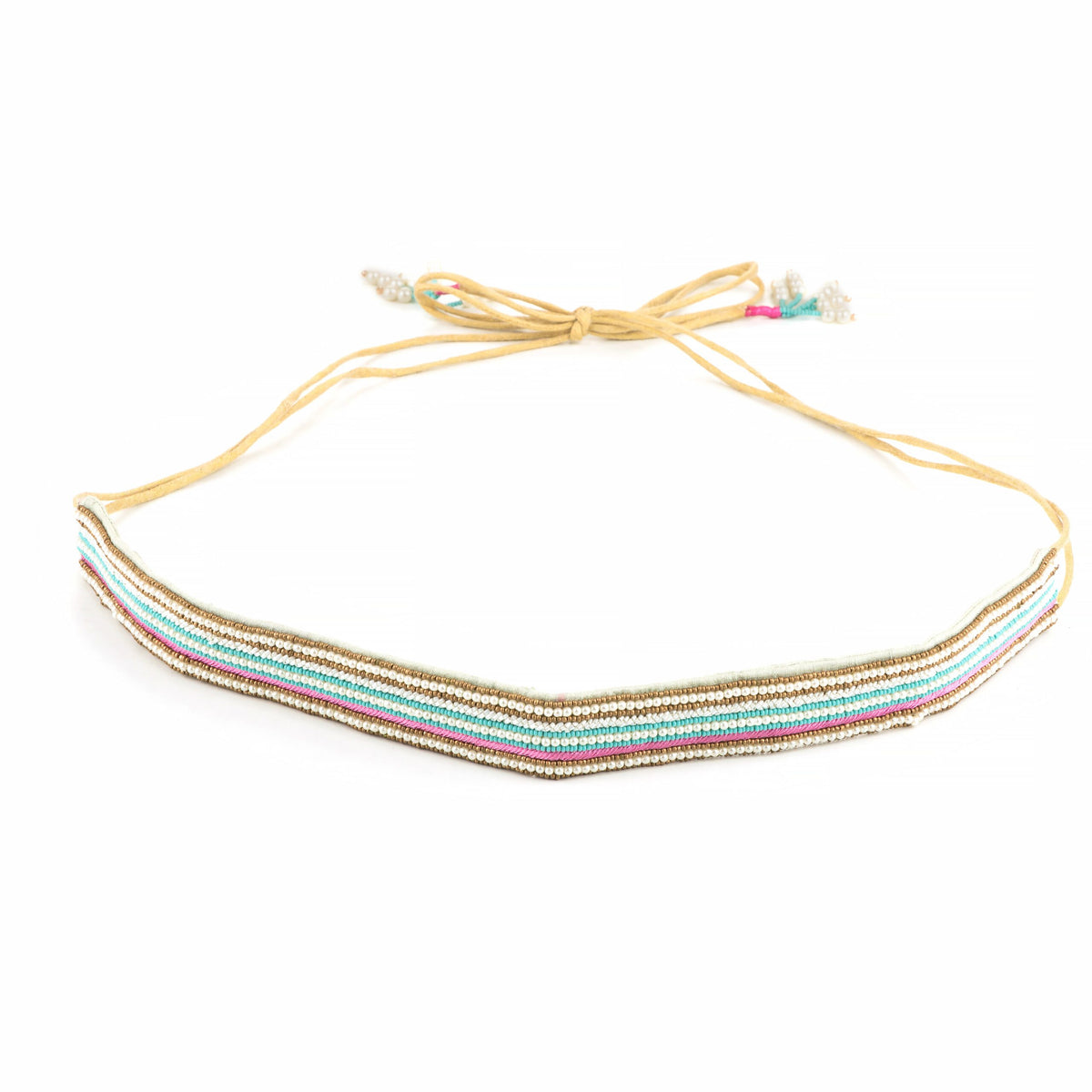 Full length of the saree belt on white, narrow bands of gold and teal