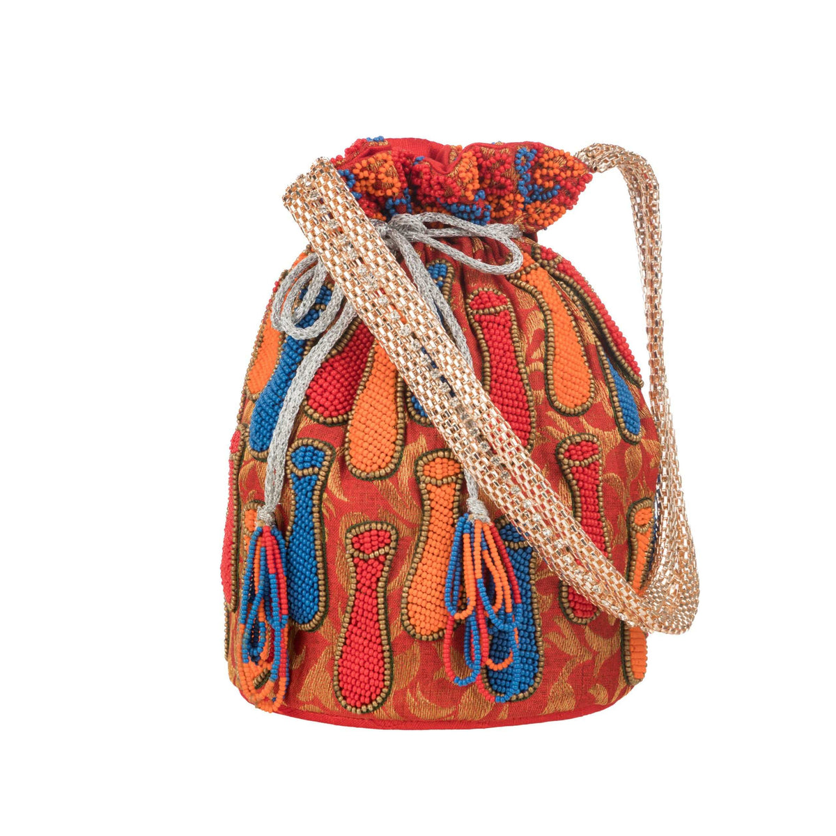 Surai-shaped beadwork in blue, orange and red across the potli, on white