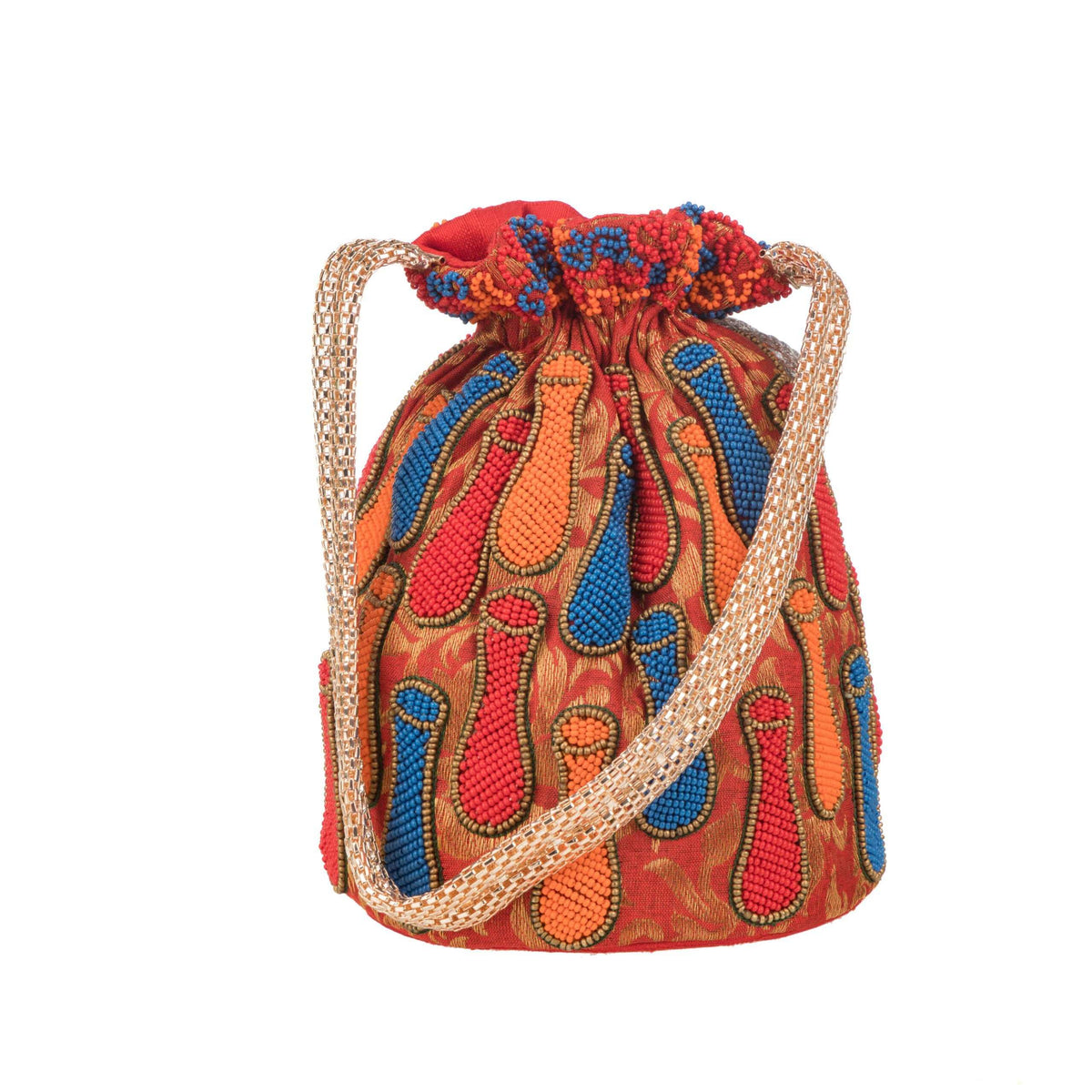 Front of the red brocade potli with handles arched to either side
