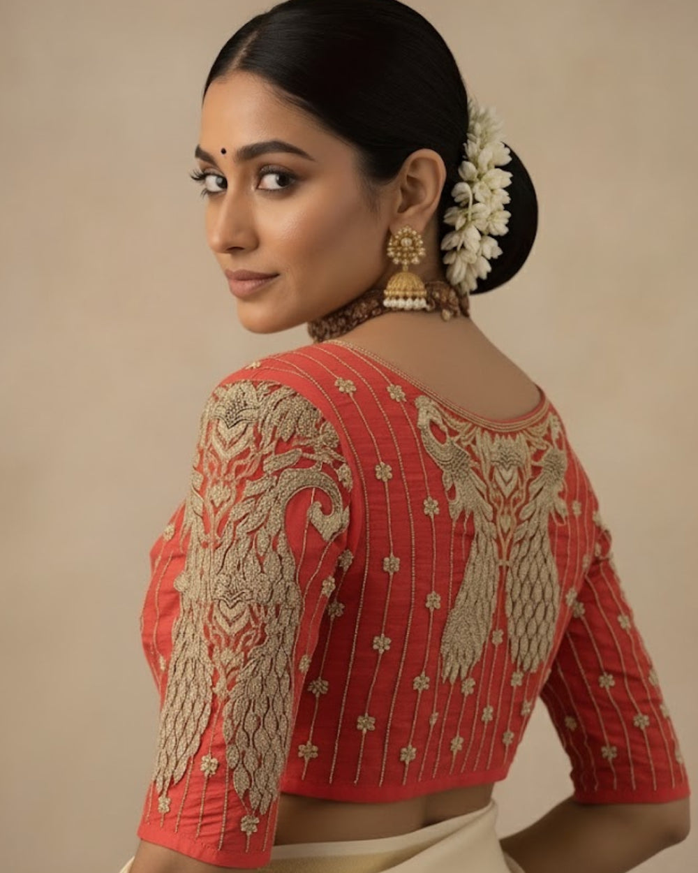 Model's back view in a coral-red blouse with gold peacock embroidery across the yoke and sleeves