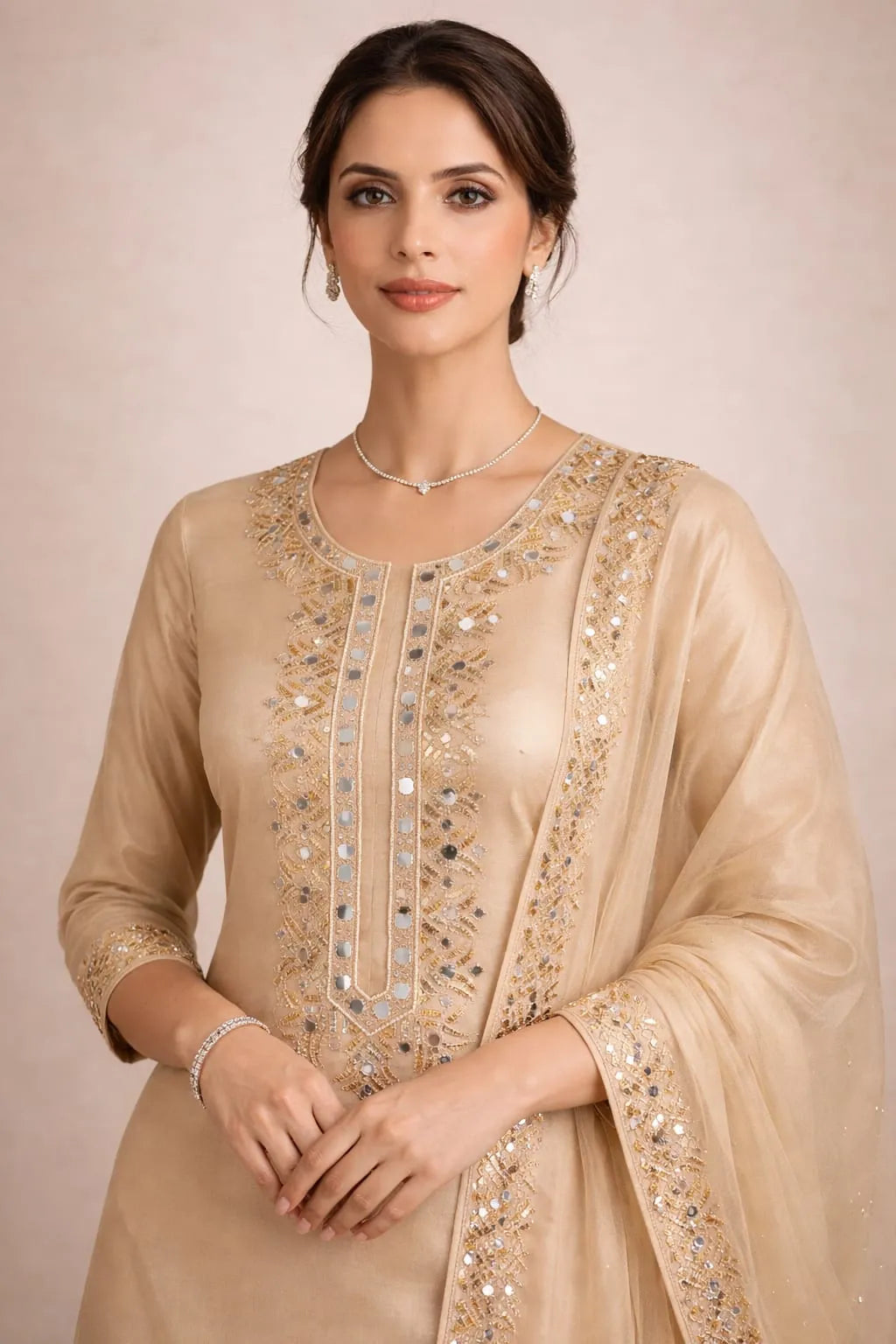 Beige kurta with mirror and zari work down the placket, worn with a sheer beige dupatta