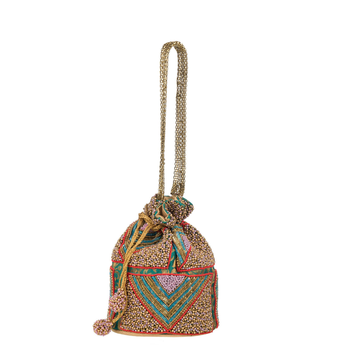 Potli hanging from its long gold chain, mosaic beadwork across the body, plain background