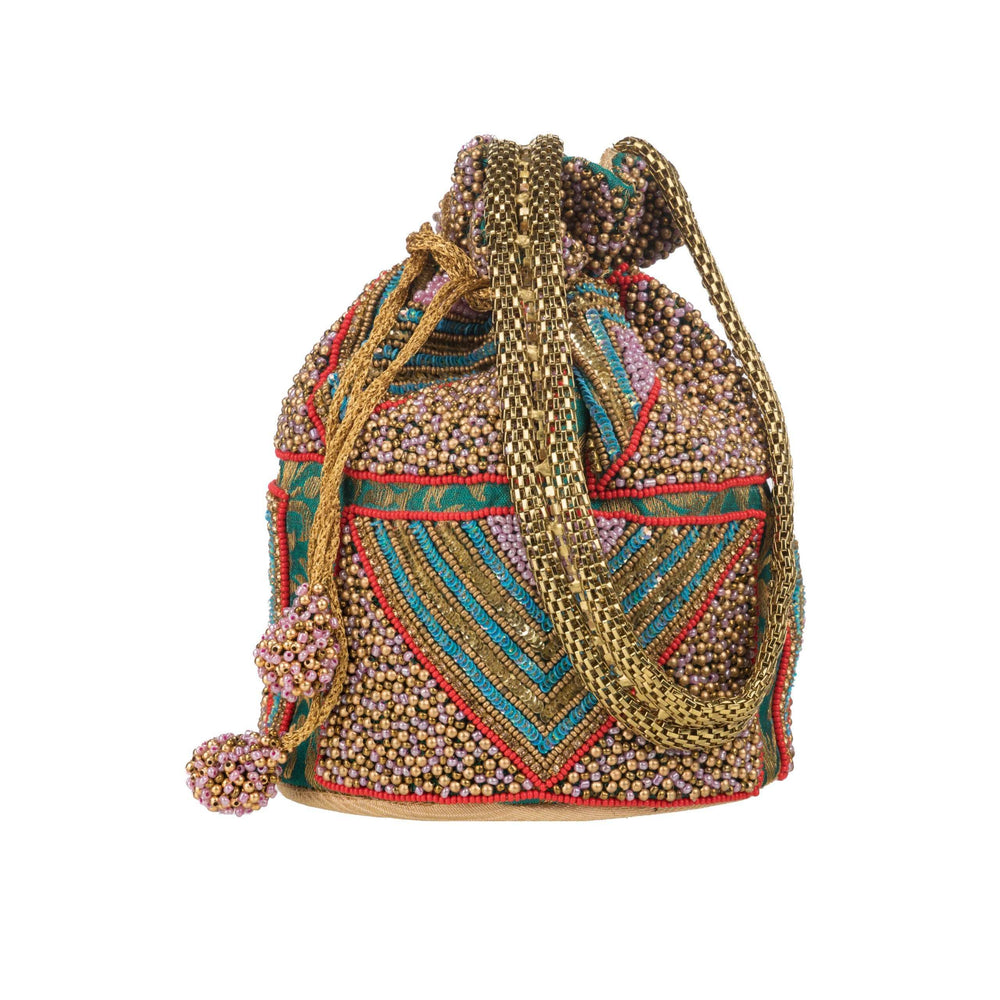 Front of the potli with chevron mosaic beadwork in gold, turquoise and red, tassels at the side