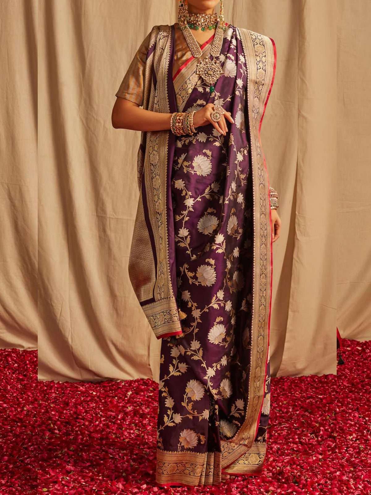 Purple semi silk saree in silver floral jaal draped on a model, front view