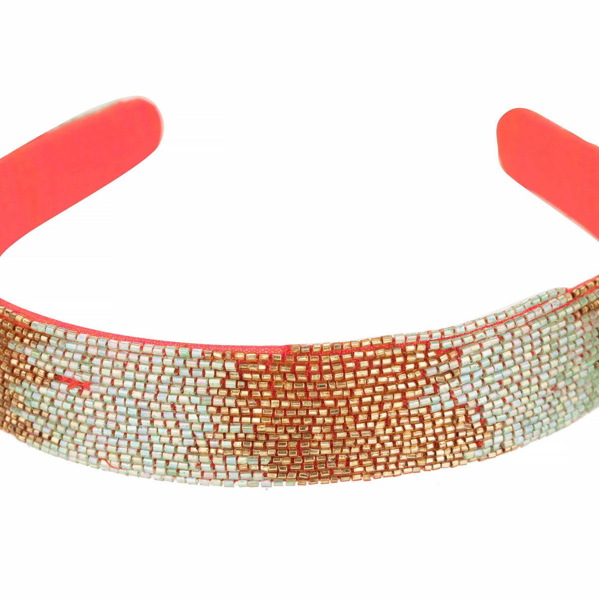 Close-up of the closely packed gold and silver-white bead rows across the band
