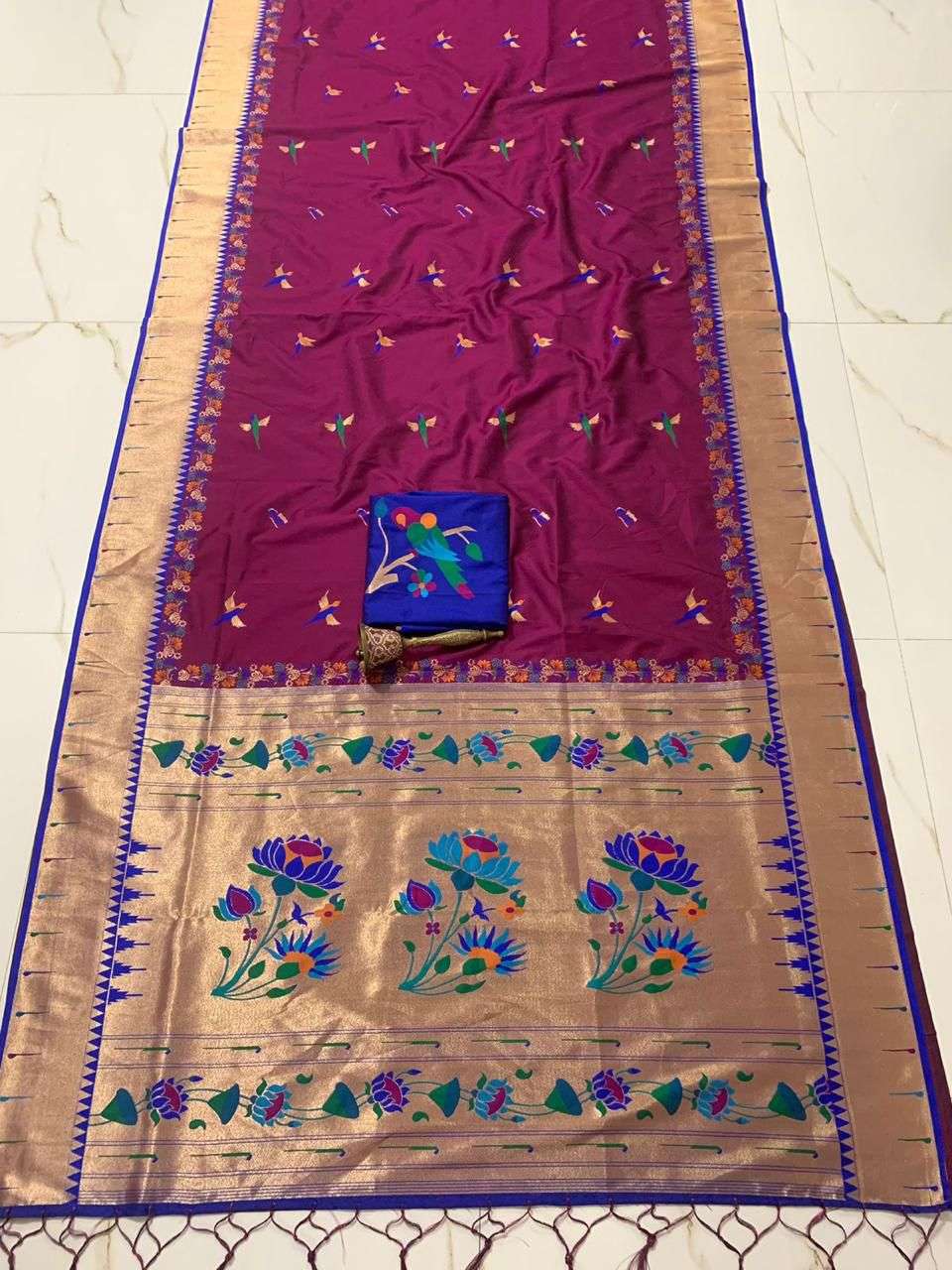 Wine single muniya Paithani saree with royal blue border and blouse piece