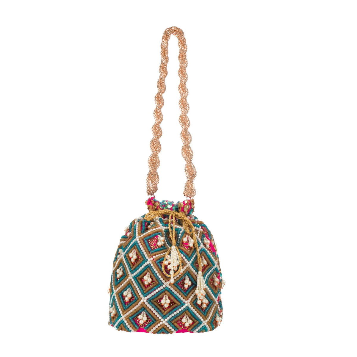 Potli on white with its long rose-gold beaded handle hanging straight above