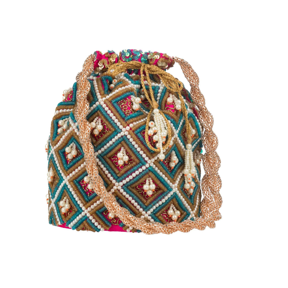 Diamond lattice of pearl and teal beads across the bag, handle coiled at the side