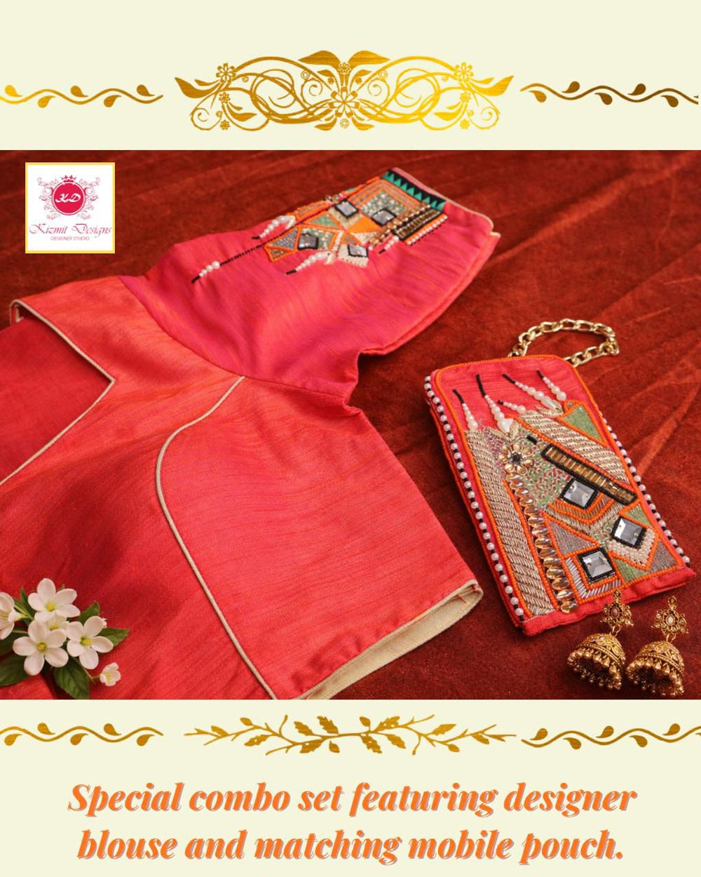 Combo card showing the coral blouse beside the matching embroidered mobile pouch