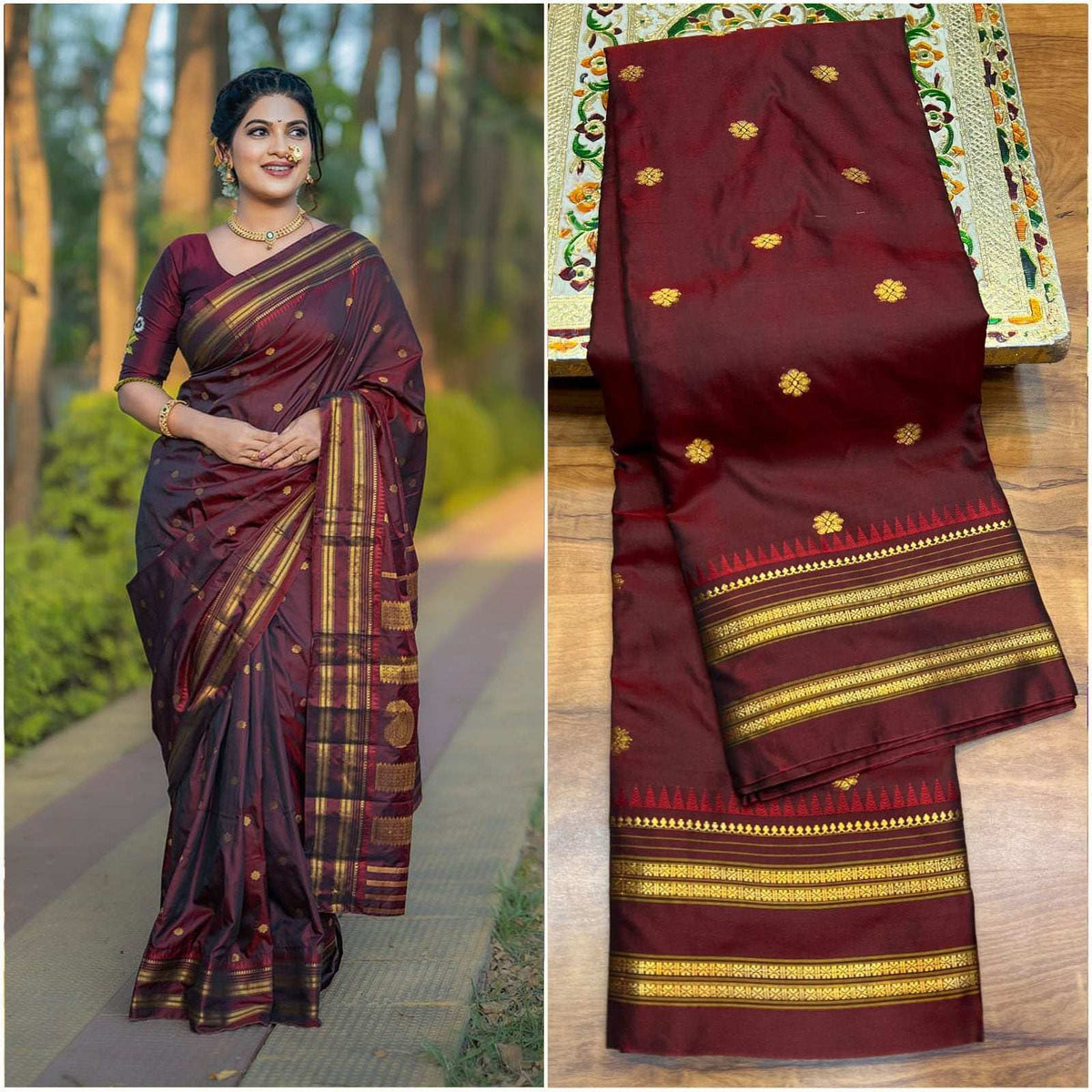 Maroon Narayanpeeth Paithani worn by a model beside the folded saree with gold border